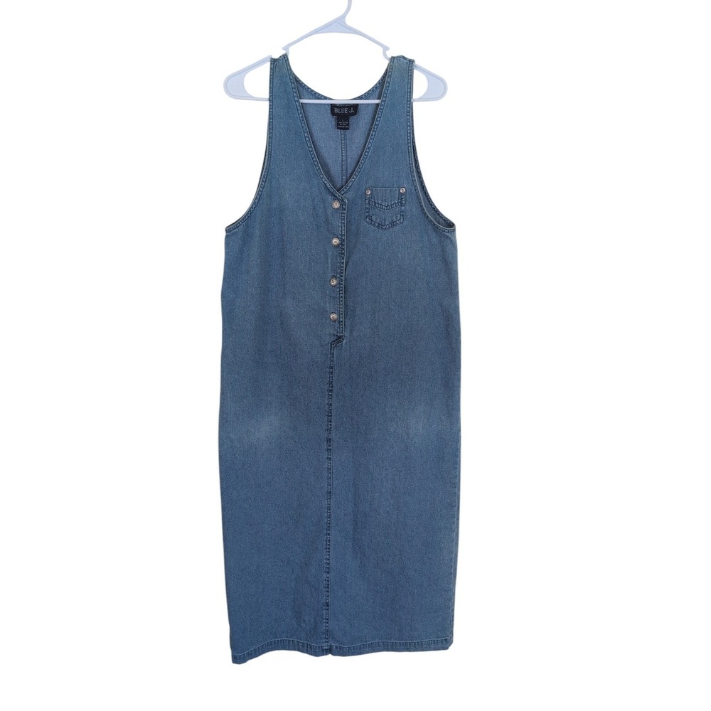 Vintage Blue J Denim Jumper Dress L Sleeveless Button-Up Midi with Pockets